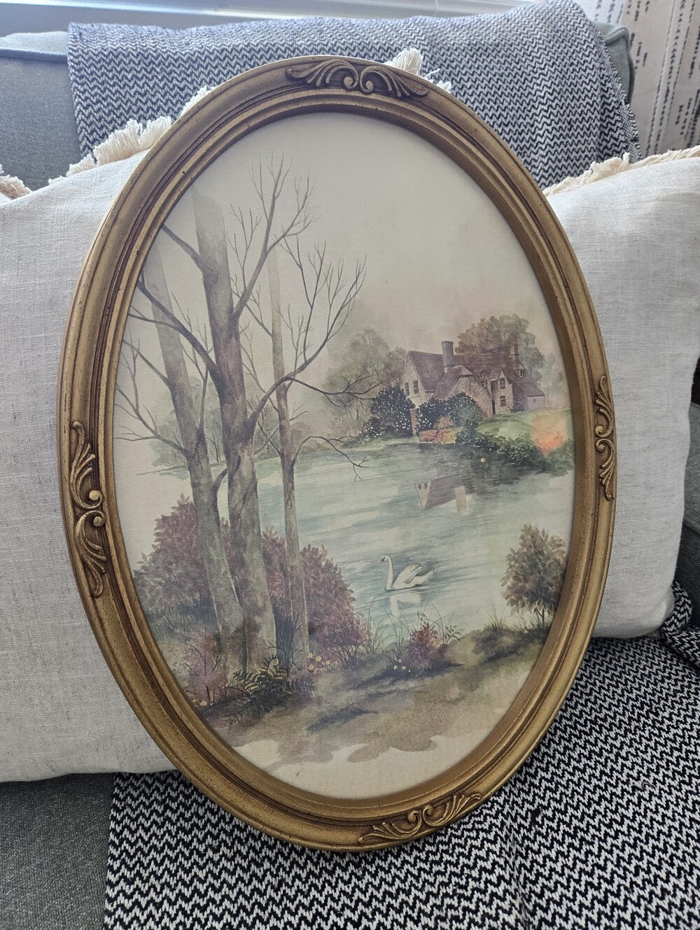 Oval Vintage-Style Framed Lake Watercolor with Swan - Gold Frame
